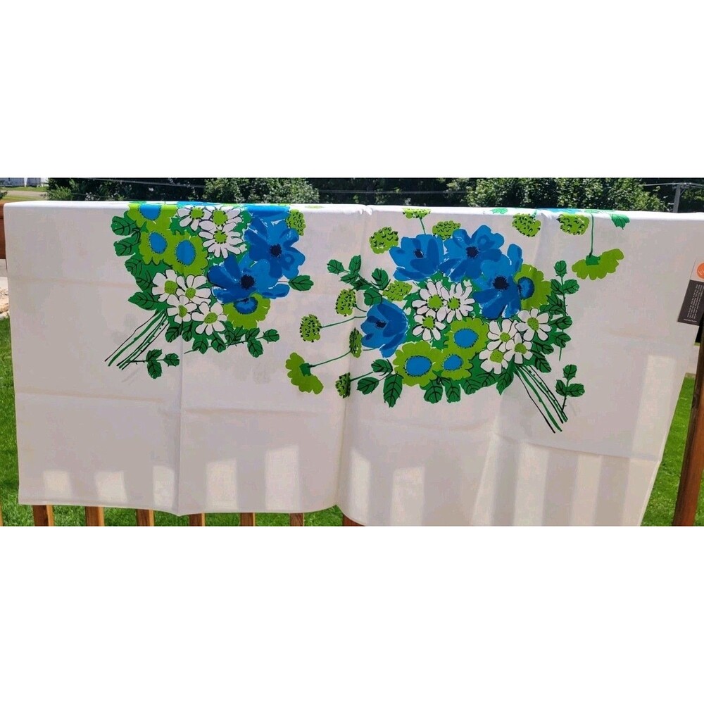 Vtg Vera Neumann Tablecloth MCM Blue Green Floral Daisies Flower Power 60x84